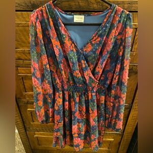 Peach Love red and blue floral faux wrap dress